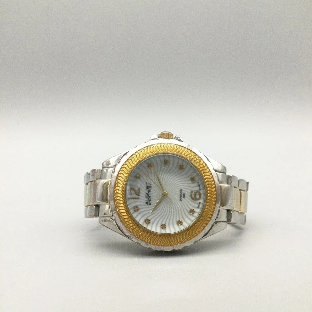 August Steiner Mens Watch 39mm White Diamond Dial Two Tone New Battery 6.5